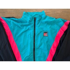 Vintage FILA Windbreaker Jacket Mens Large Teal Black Pink Colorblock 90s Nylon